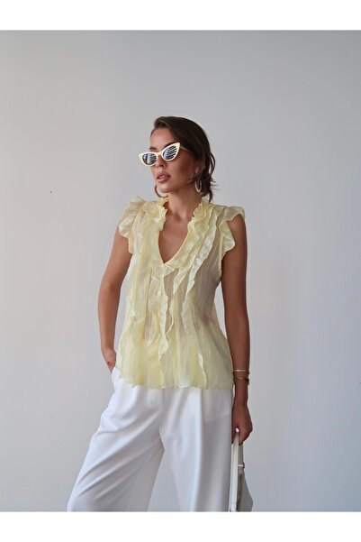 Lusin Women's Luxury Quality Ruffled Sleeveless Transparent Shirt