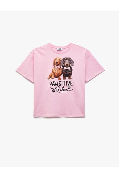 Koton Short Sleeve Crew Neck Cotton Bow Dog Printed T-Shirt