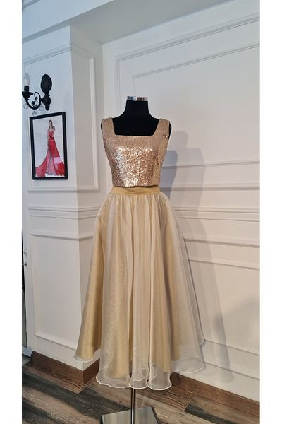 makbuleofficial Gold Sequined Crop and Organza Skirt Bottom Top Set