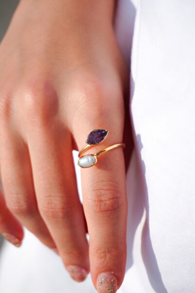 Rumon Ametist ve Barok İnci Doğal Taş Altın Kaplama Pirinç El Yapımı Yüzük
