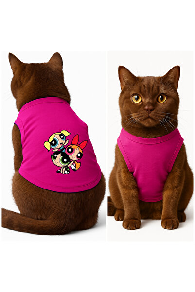 Buddy Store Kedi Kıyafeti Elbiseleri Atlet - PowerPuff Girls Baskılı Pembe At...