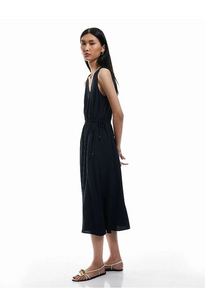 Koton Viscose Linen Blended Pocket Sleeveless V-Neck Midi Dress