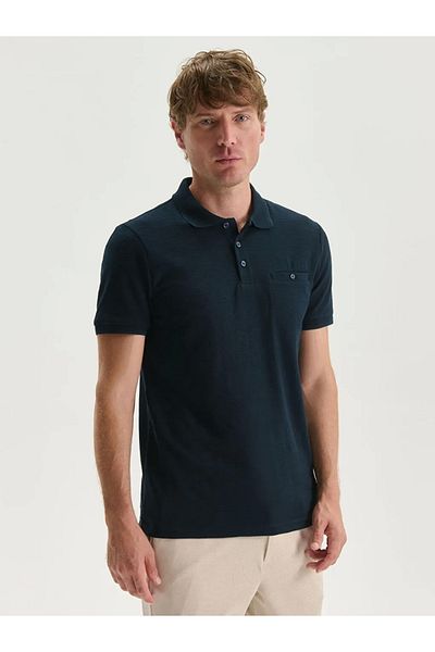 LC Waikiki Classic Navy Blue Polo Neck Short Sleeve Men's Textured T-Shirt