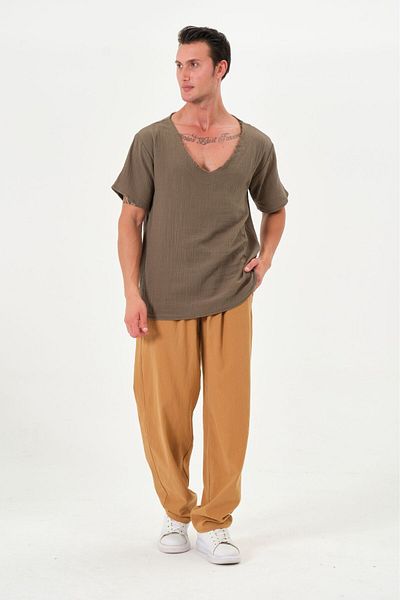 RELAXL 100% Cotton Light Fabric Wide Leg Comfortable Fit Trousers Camel