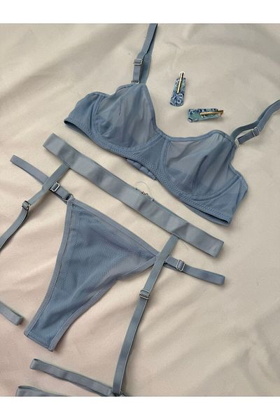 İNKO İÇ GİYİM Underwire Uncovered Tulle Detailed Patterned Bra Set (Bra Thong) Fancy Underwear Set