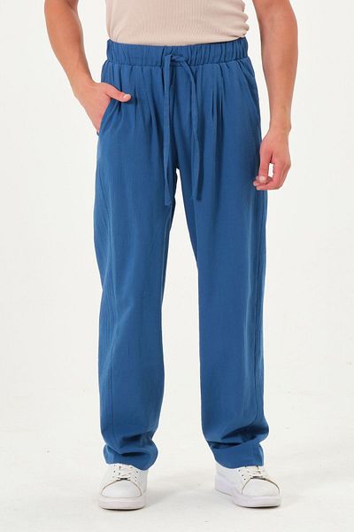 RELAXL 100% Cotton Şile Cloth Wide Leg Oversize Summer Trousers Saks Blue