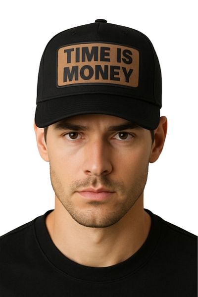 CosmoOutlet قبعة رجالية باللون الأسود والبني مكتوب عليها Time is Money قابلة للتعديل