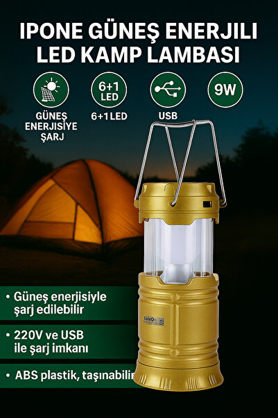 Ipone Güneş Enerjili LED Kamp Lambası | USB ve 220V Şarjlı | 6+1 LED | 9W Taş...