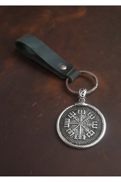E&F Takı سلسلة مفاتيح من الجلد الطبيعي بتصميم بوصلة VEGVISIR الممتازة