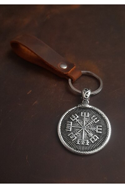 E&F Takı سلسلة مفاتيح من الجلد الطبيعي بتصميم بوصلة VEGVISIR الممتازة
