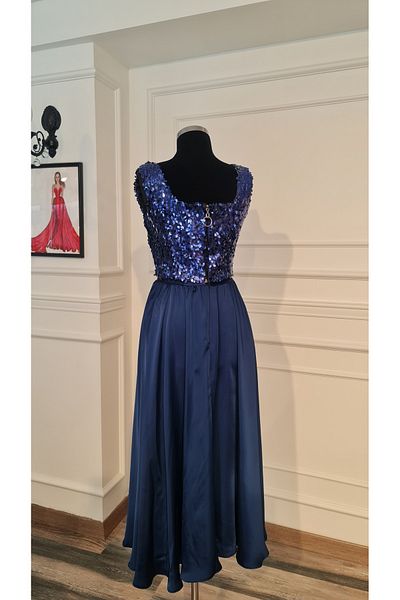 makbuleofficial Navy Blue Sequined Square Collar Blouse, Midi Length Gathered Skirt