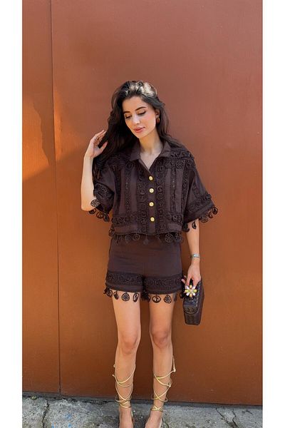 HAZELANNA Embroidered Shorts-Shirt Premium Coffee Set