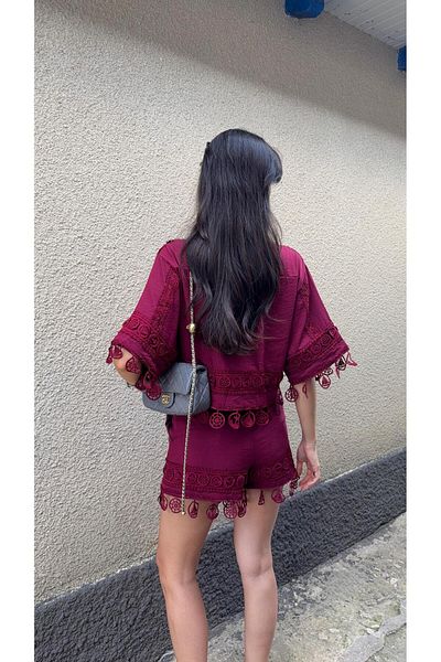 HAZELANNA Embroidered Shorts-Shirt Premium Burgundy Set
