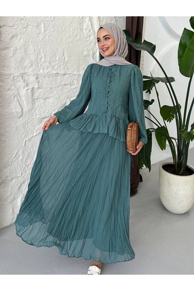 Modamorfo Chiffon Crash Skirt Suit with Ruffled Collar and Buttons -Mint