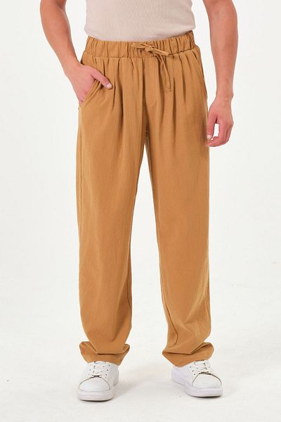 RELAXL 100% Cotton Light Fabric Wide Leg Comfortable Fit Trousers Camel