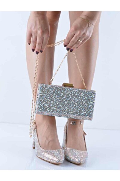 Şanslı Ayakkabıcılık Yellow Plaster Stone Thick Heel and Bag Set Evening Dress