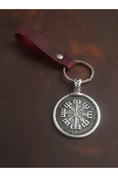 E&F Takı سلسلة مفاتيح من الجلد الطبيعي بتصميم بوصلة VEGVISIR الممتازة