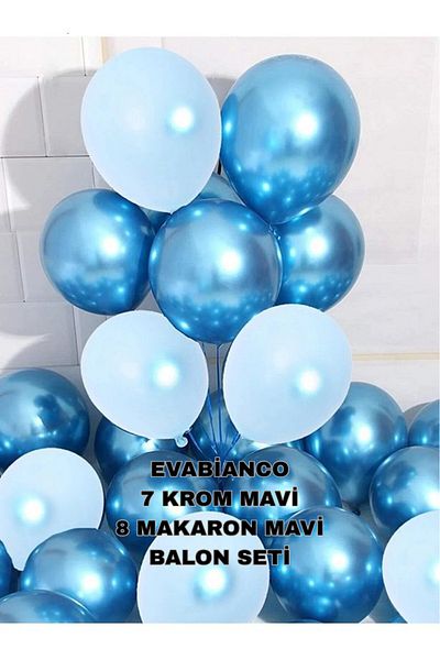 Öz-bal Chrome Blue & Pastel (Macaron Matte) Blue Balloon Set - 15 Party Balloons