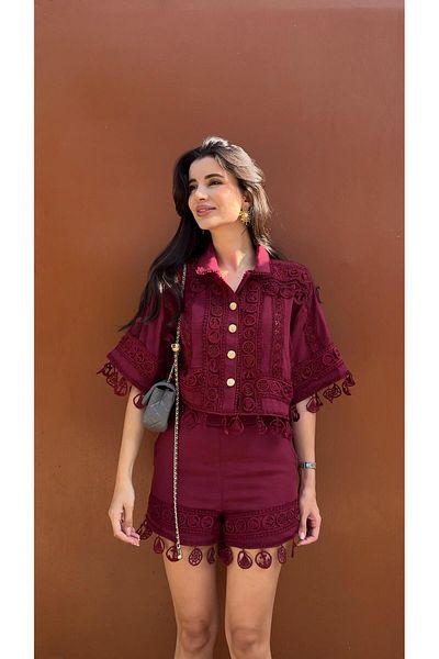 HAZELANNA Embroidered Shorts-Shirt Premium Burgundy Set