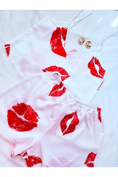 İNKO İÇ GİYİM Satin Patterned Adjustable Strap Shorts Pajama Set