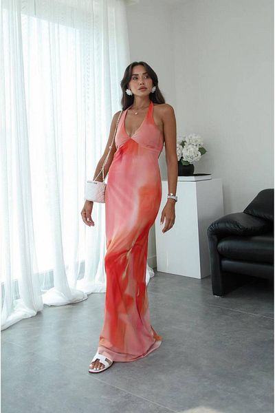 S&A Collectionn Women's Tie Dye Contrast Pattern Halter Neck V Neck Long Tulle Dress