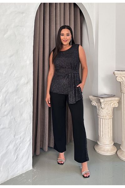 Butik Nilyam Bluză cu sclipici fără mâneci pentru femei, cu decolteu mare, cu detaliu de dungi laterale, pantaloni, set de sus și de jos 24786