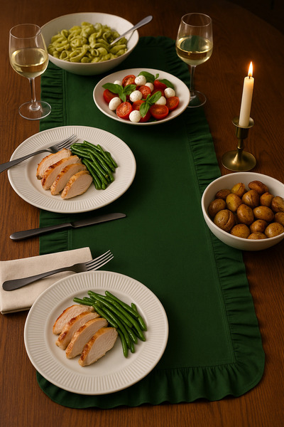 Selenica Sade Fırfırlı Koyu Yeşil Runner Orta Sehpa & Konsol Örtüsü 30x80 cm