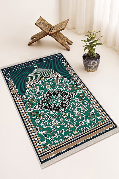 Realhomes Yeşil Mescid-i Nebevi Kubbe Desenli Dijital Baskılı Kaymaz Seccade ...