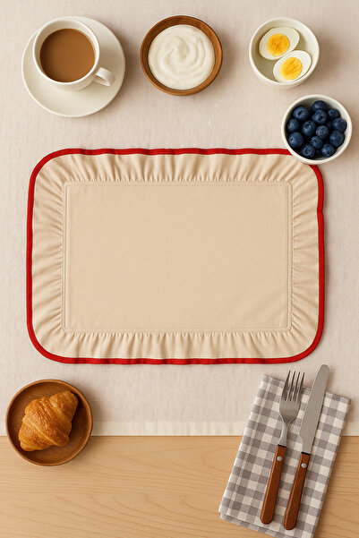 Kitchen Damys 6'lı Kırmızı Biyeli Fırfırlı Dikdörtgen Amerikan Servis – Krem Kumaş Supla Enerjik Sofra Dekoru