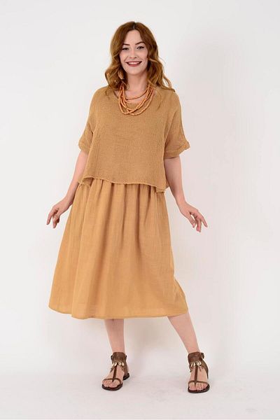 EREN STYLE Italian Muslin Linen Top Mesh Blouse Lined One-Piece Dress