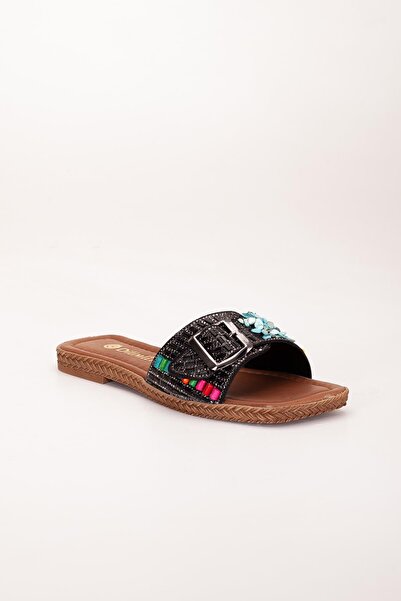 Dilimler Ayakkabı Women's Flat Heeled Slippers Black Thick Single Strap Stone