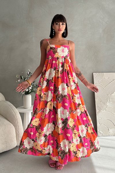 New Now Draped Strap Flower Patterned Long Dress