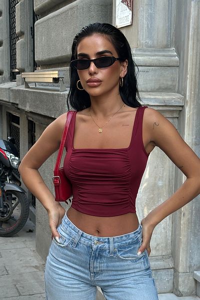 World Fashion Trends Claret Red 4032 Front and Back Gathered Gatherer Flexible Crop Claret Red