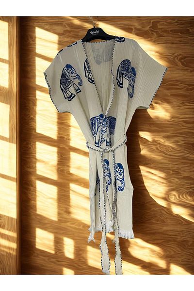 TekStilize Sea Group Blue Elephant Patterned Kimono (100% Cotton)
