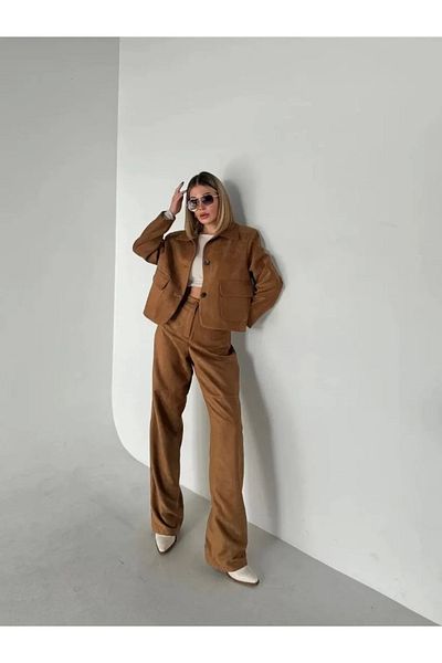 CVS Suede Jacket Palazzo Trousers Double Set - Brown