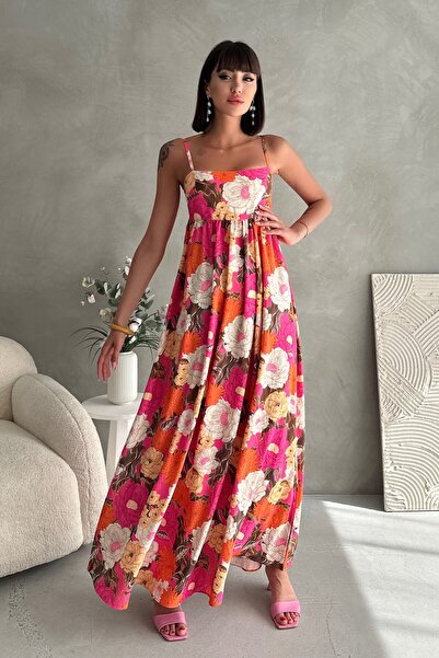 New Now Draped Strap Flower Patterned Long Dress