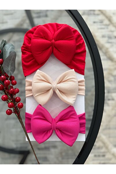 VANİLLİA Bebek Çift Kat Fiyonklu Bebek Bone & Bebek Bandana Saç bandı 3'lü Se...