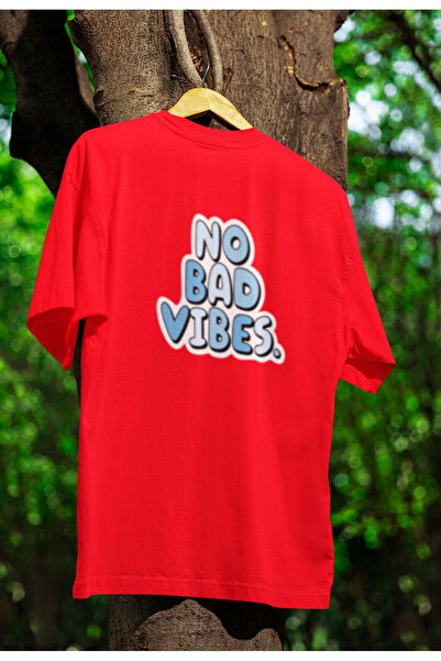 MG تي شيرت NO BAD VIBES مطبوع للجنسين برقبة دائرية من القطن ذو قصة كبيرة وأكم...