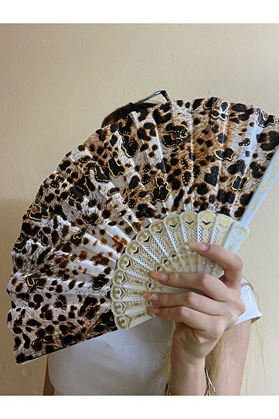 sema aksesuar Beyaz Gold Siyah Leopar Desenli Yazlık Doğal Serinletici Yelpaze - Hediyelik - Bohça Nişan Söz