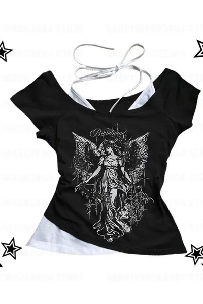 weywot Black Gothic Angel Women Collar Additional Strap Short Sleeve Full Bod...