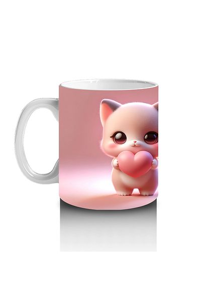Luluyen Cute Pink Cat Holding a Heart Figure (Front and Back) - Printed Coffee Mug