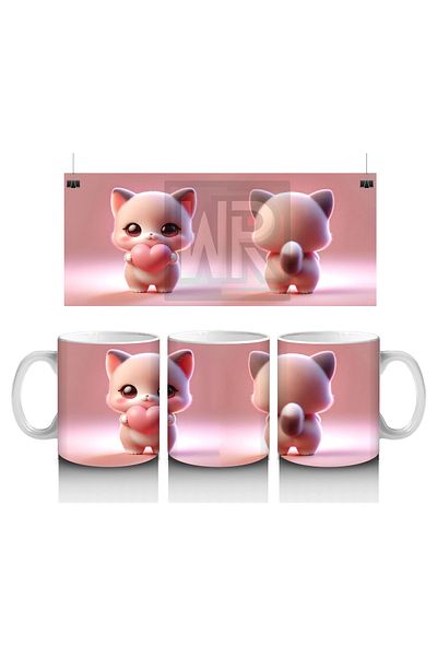 Luluyen Cute Pink Cat Holding a Heart Figure (Front and Back) - Printed Coffee Mug