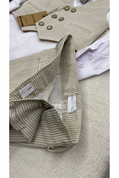 Carinos kids erkek çocuk yelekli takım aksesuarlı çizgili keten kumaş