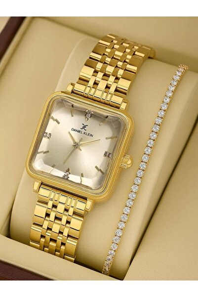 Daniel Klein Marka Kare Altın Renk Kadın Kol Saati ve Taşlı Bileklik Seti