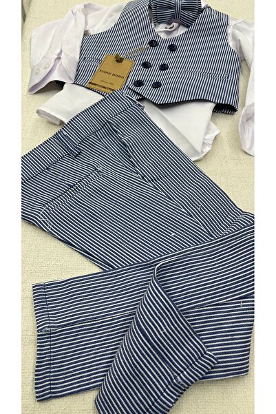 Carinos kids erkek çocuk yelekli takım aksesuarlı çizgili keten kumaş