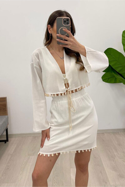 Nazline Women's Mussel Shell Detailed Blouse Skirt Bottom Top 2 Piece Set