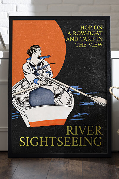 Duvarda Poster cu ramă din lemn negru cu barcă cu vâsle, pictură decorativă d...