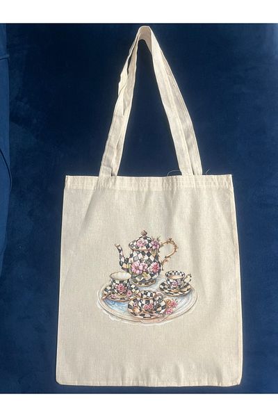 DERYA DESİNG ART Mackenzie Teapot Cup Patterned Printed Cloth Bag 35X40Cm