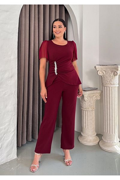 Butik Nilyam Femei Plus Size Decolteu șifon mâneci talie drapat cu detalii de piatră bluză pantaloni fund sus costum 24791