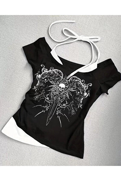 weywot Black Gothic Skeleton Collar Short Sleeve Full Body Crop with Addition...